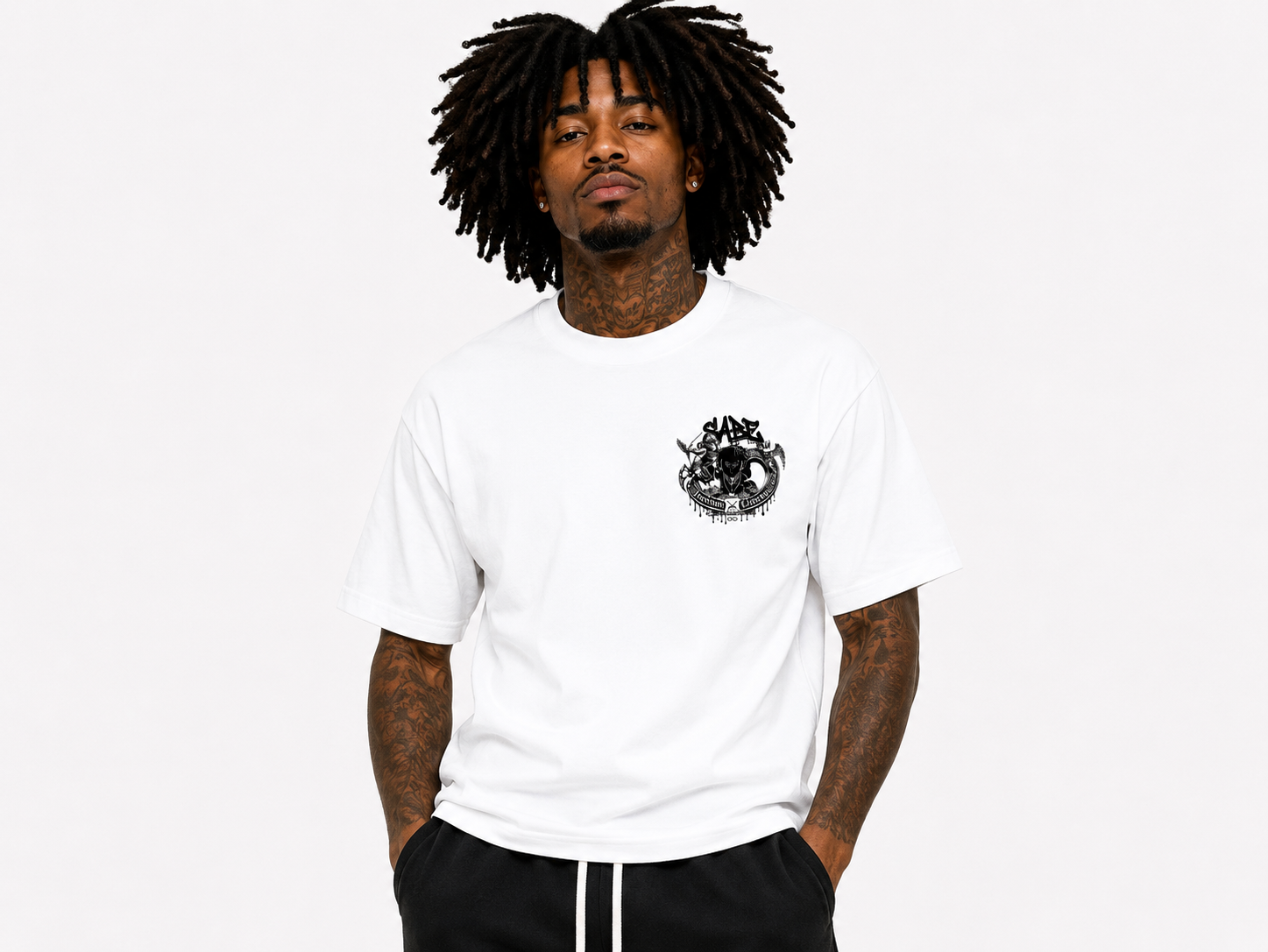 Man wearing a white t-shirt with a black logo on a white background