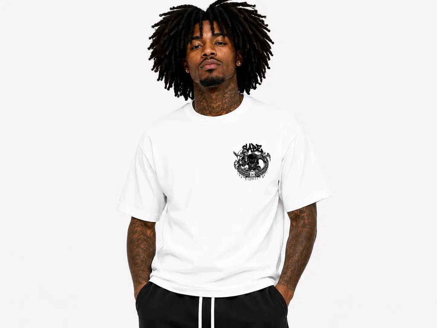 Man wearing a white t-shirt with a black logo on a white background
