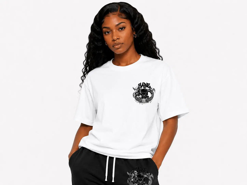 Woman wearing a white t-shirt with a black graphic design on a plain background