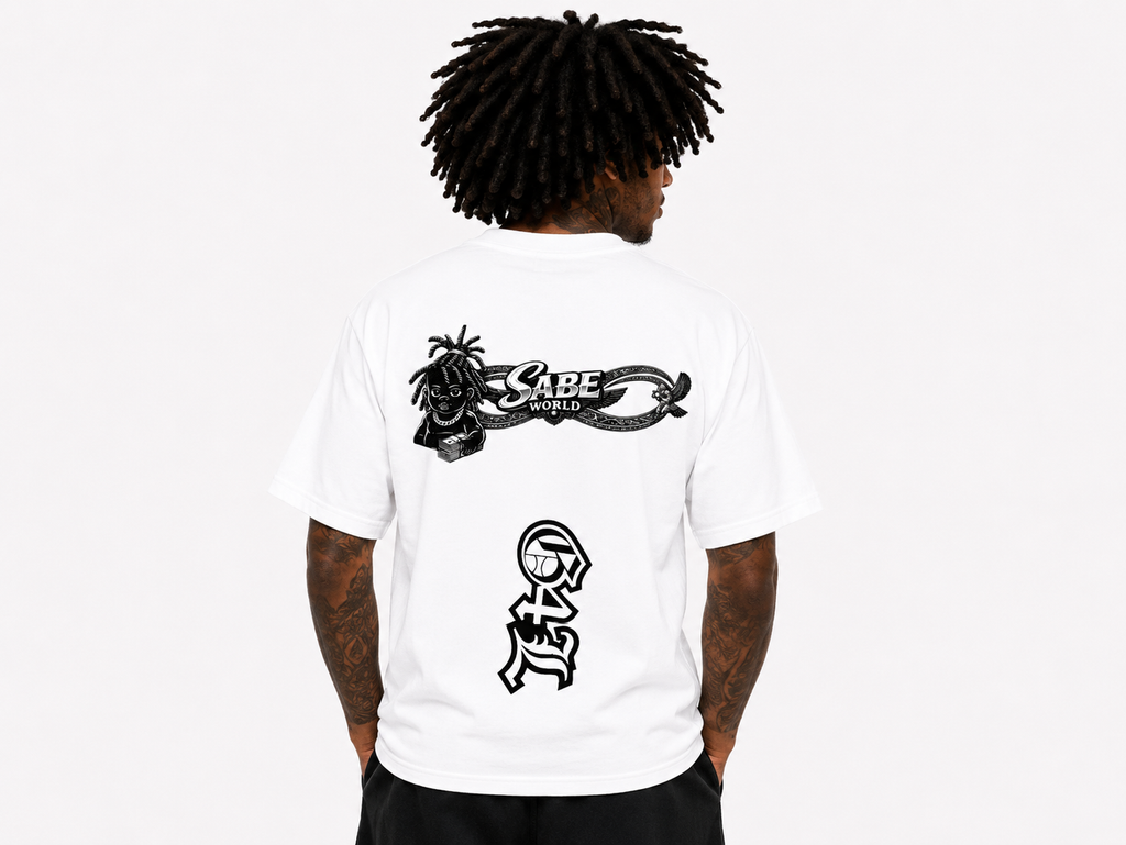 Person wearing a white t-shirt with black graphics and text on a plain background