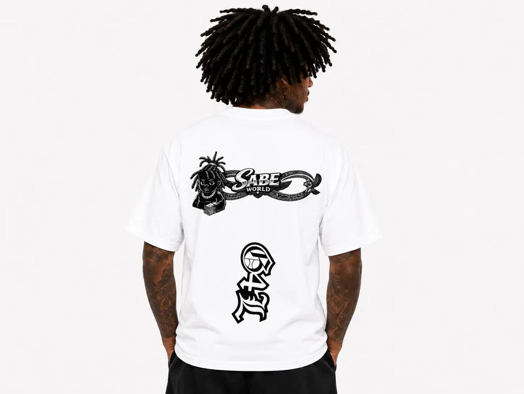 Person wearing a white t-shirt with black graphics and text on a plain background