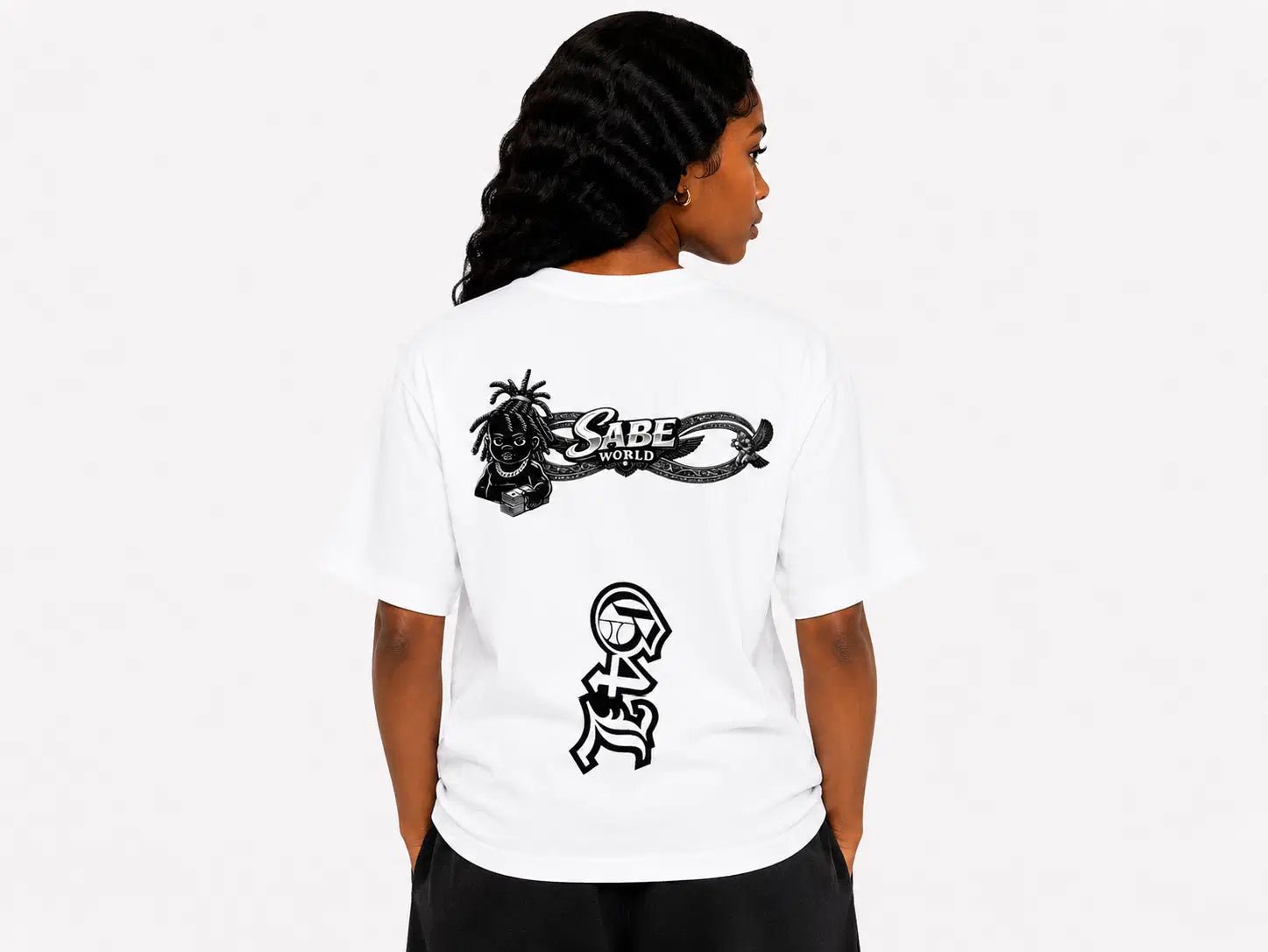 Person wearing a white t-shirt with black graphics and text on a plain background