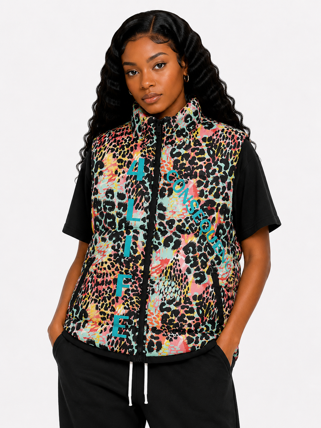 Person wearing a colorful leopard print vest with text on a white background