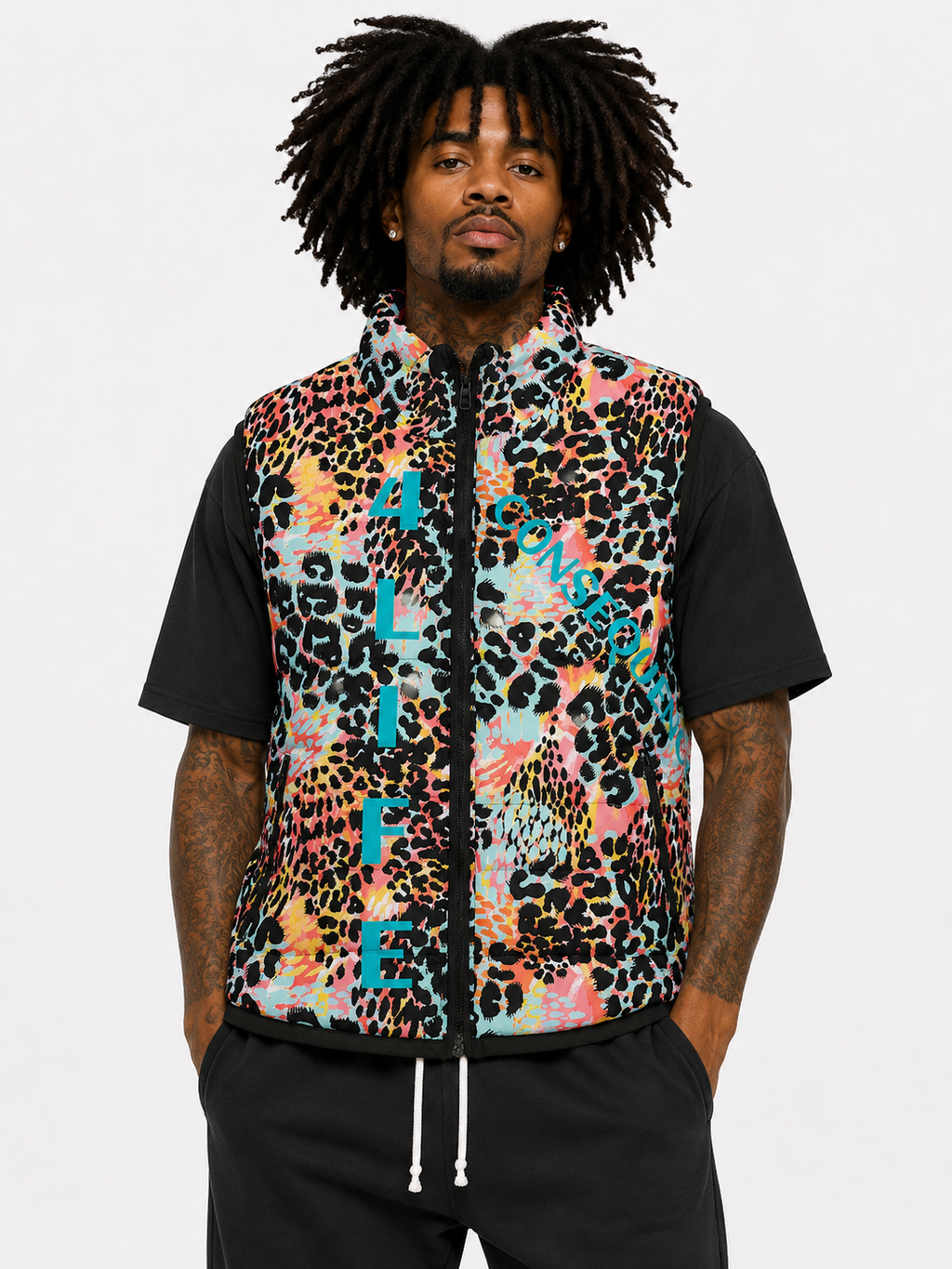Person wearing a colorful leopard print vest with '4 Life' text on a white background
