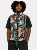 Person wearing a colorful leopard print vest with '4 Life' text on a white background