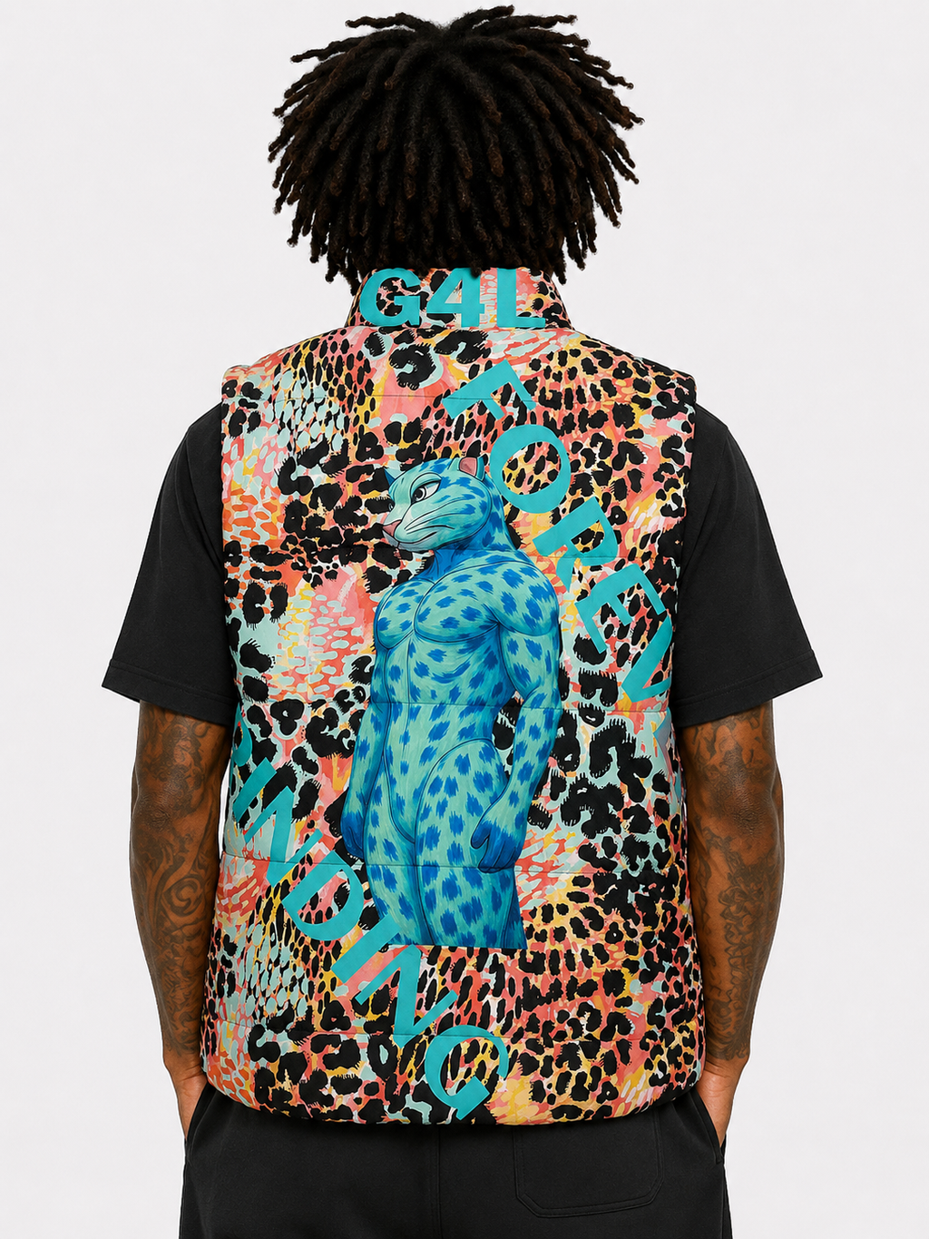 Person wearing a colorful vest with a graphic design on the back against a white background