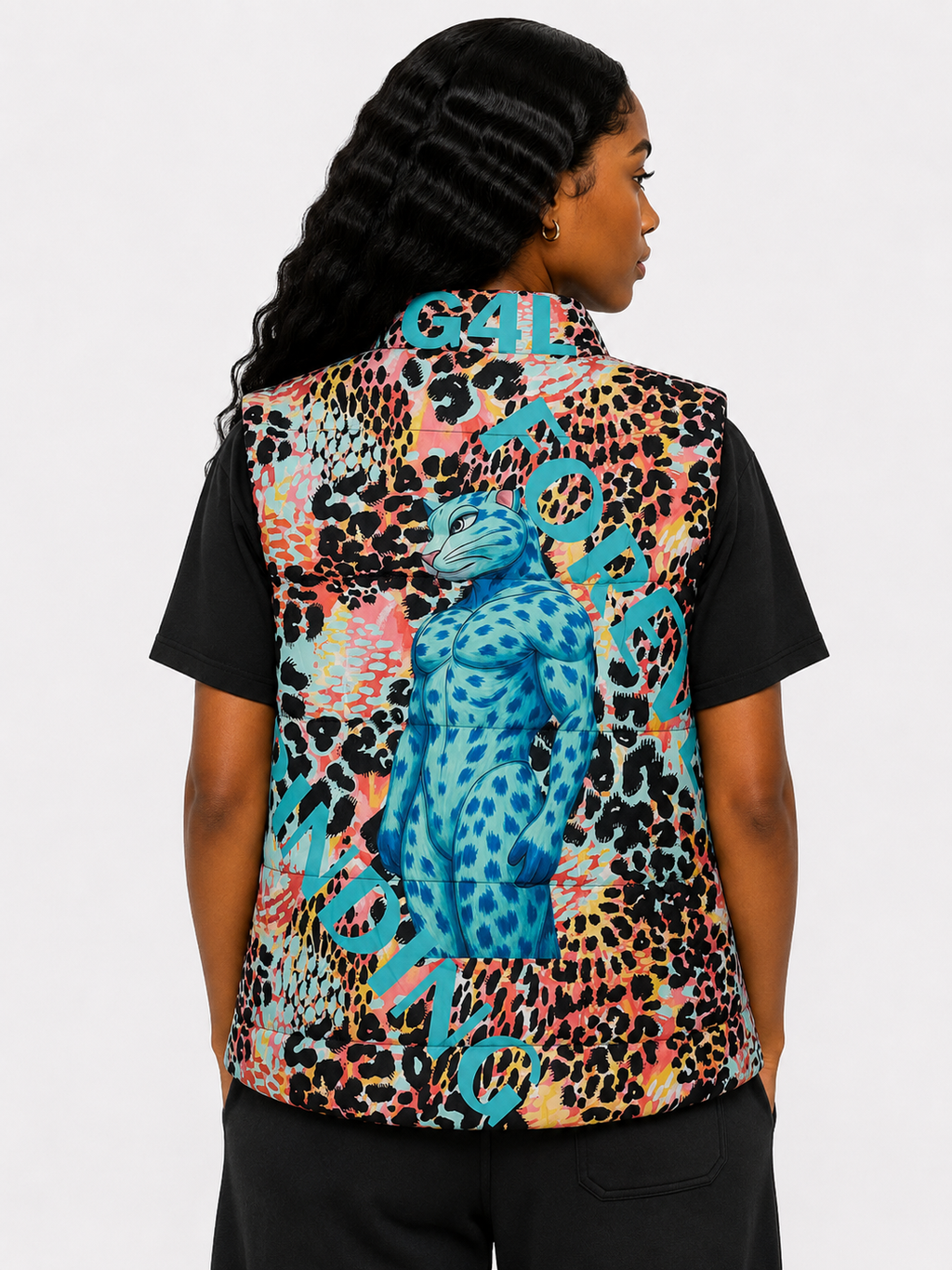 Person wearing a colorful vest with leopard print and text on a white background