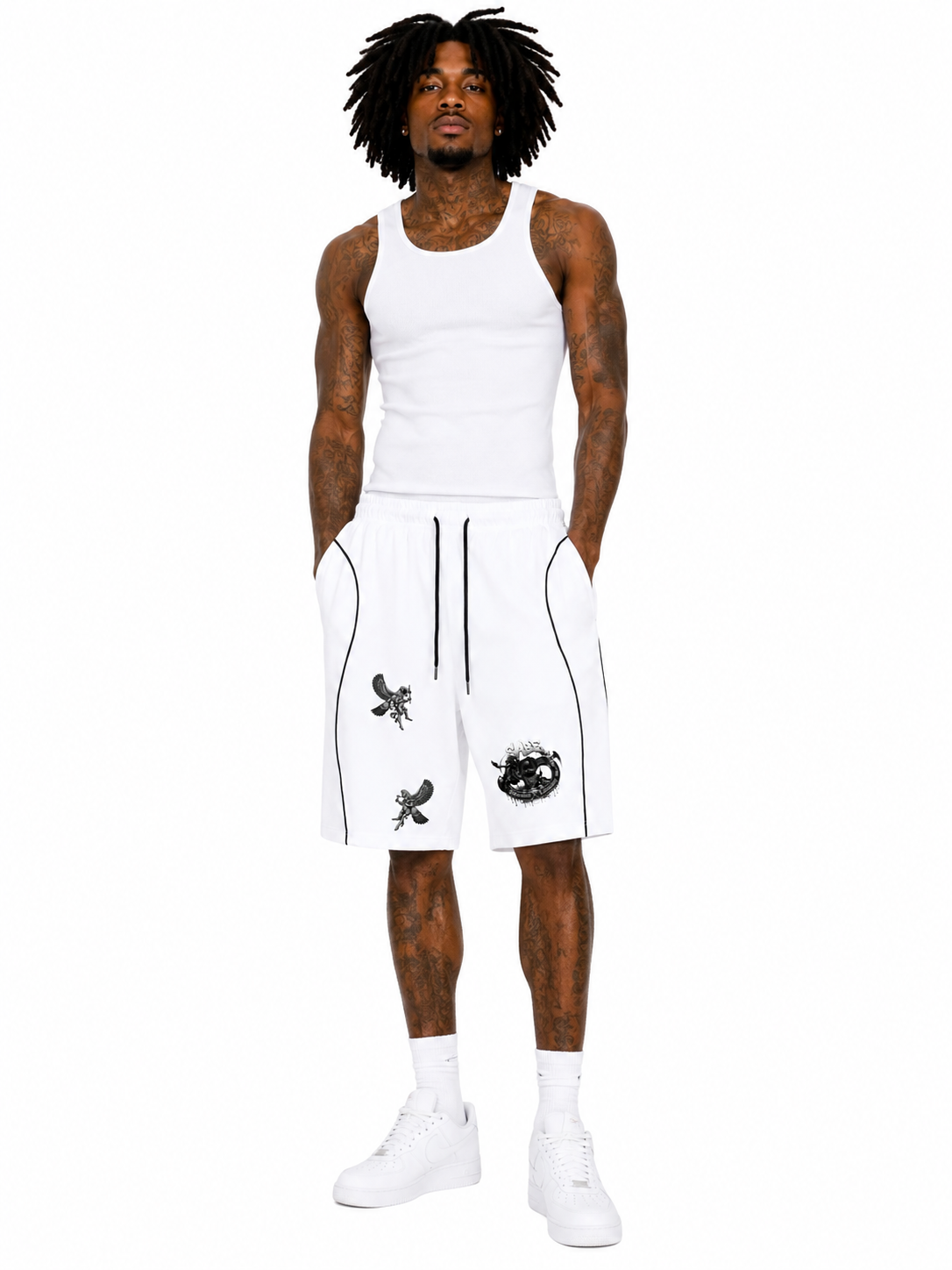 Person wearing a white tank top and shorts with black designs on a white background