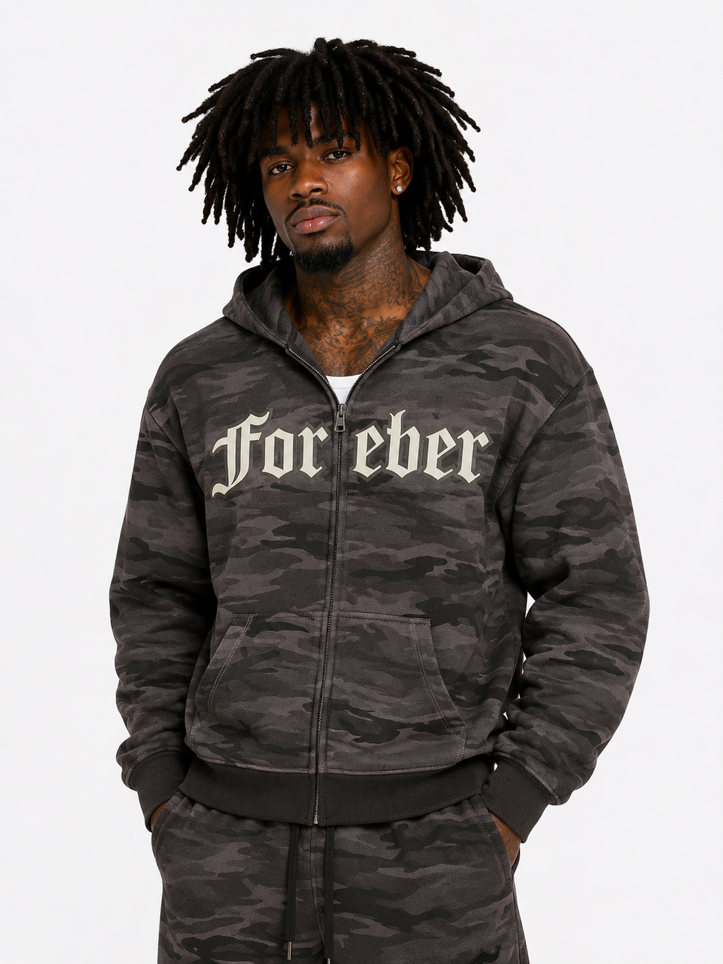 Person wearing a dark camouflage hoodie with 'For eber' text on a white background