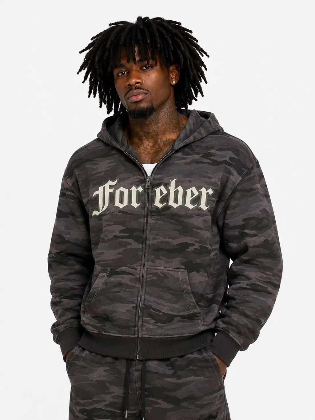 Person wearing a dark camouflage hoodie with 'For eber' text on a white background