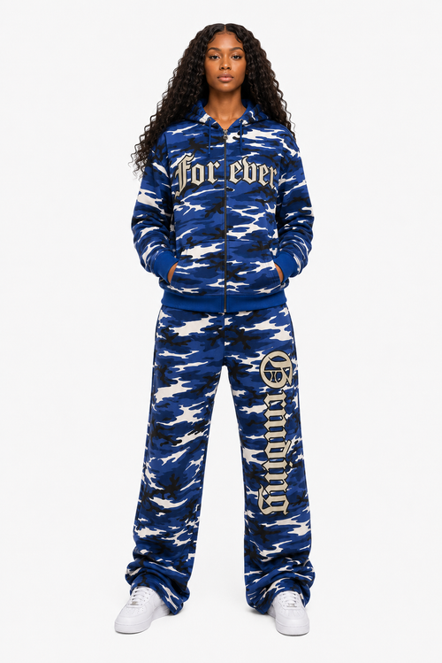 Person wearing a blue camouflage tracksuit with text on a white background