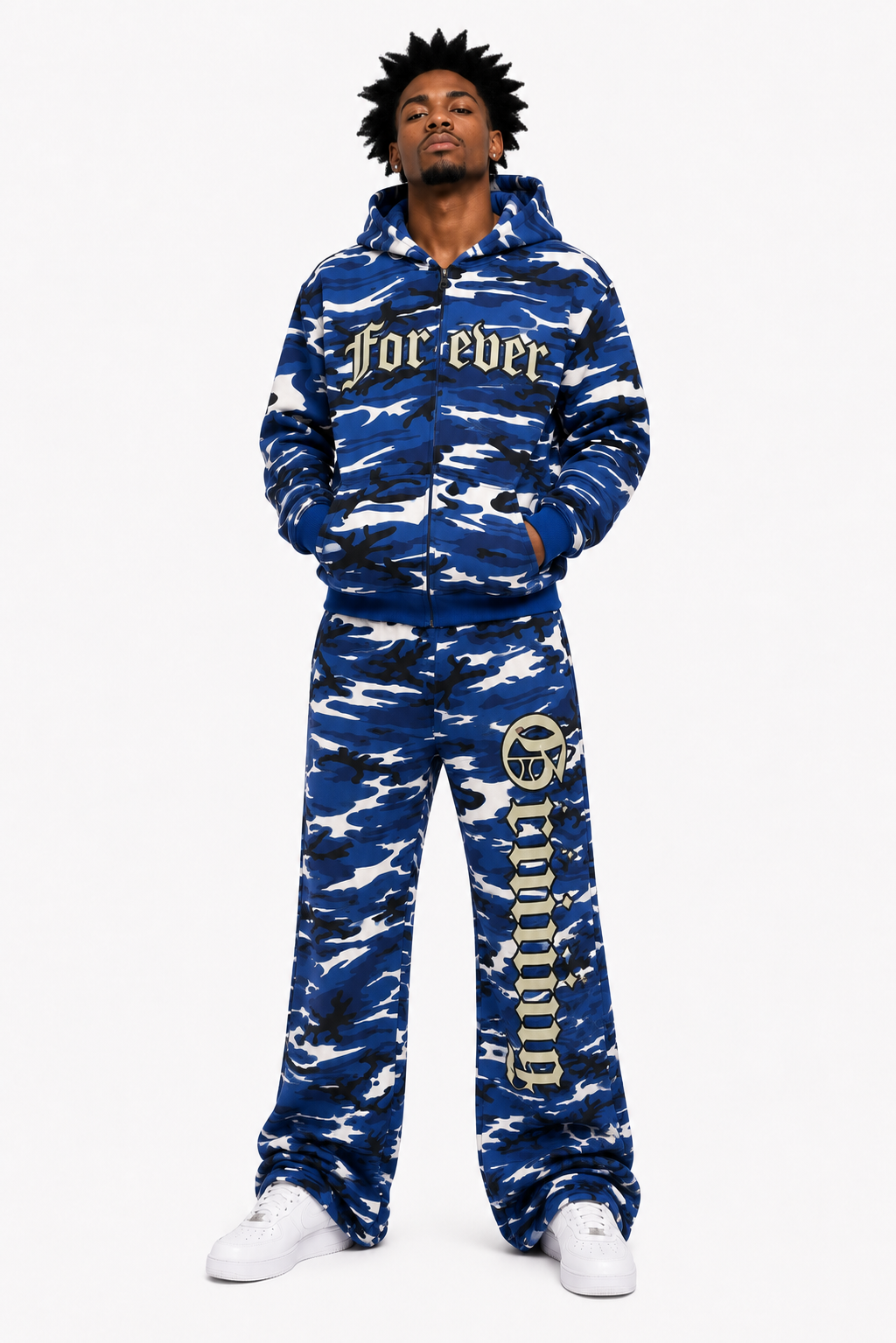 Person wearing a blue camouflage tracksuit with 'Forever' text on a white background