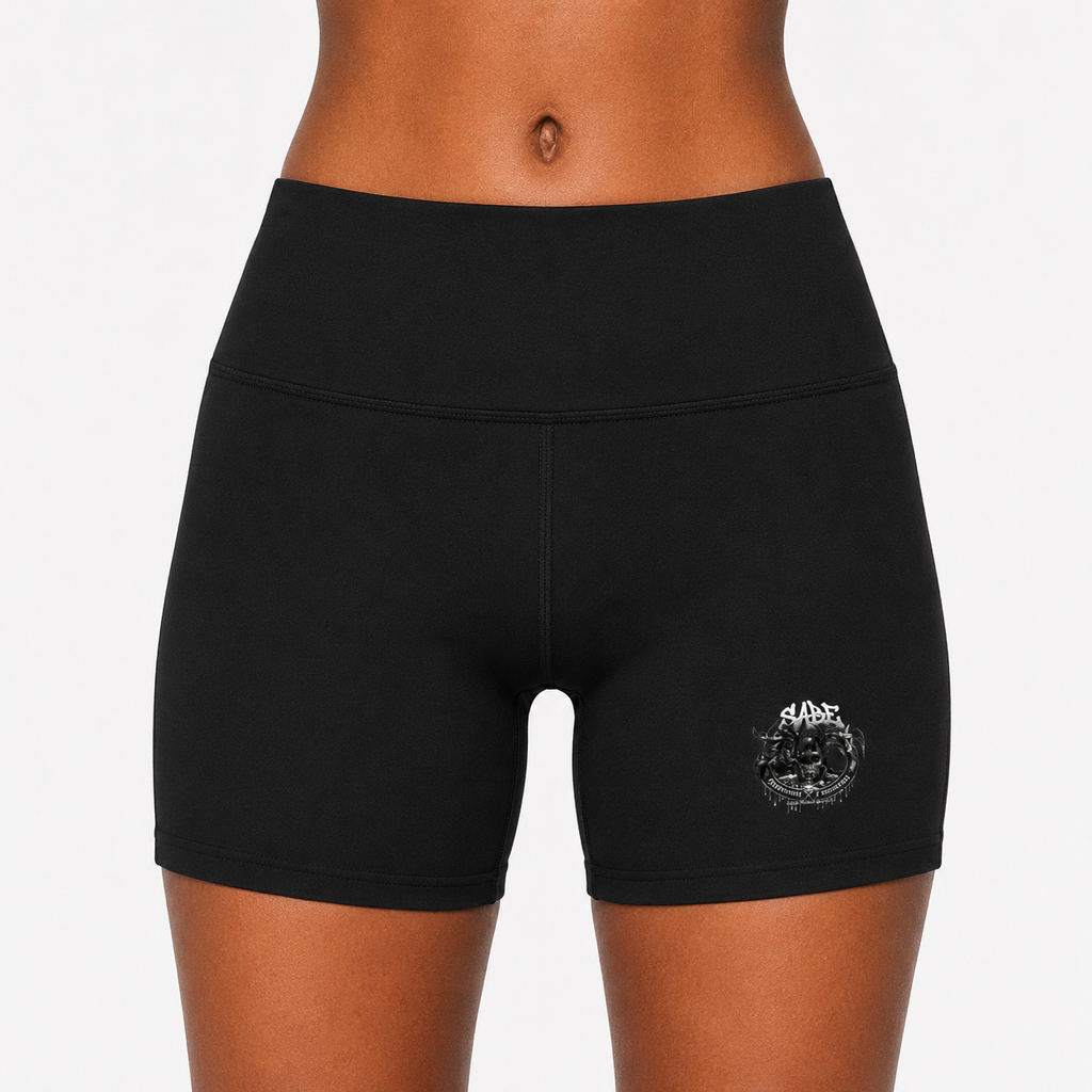 Black athletic shorts with a logo on a white background