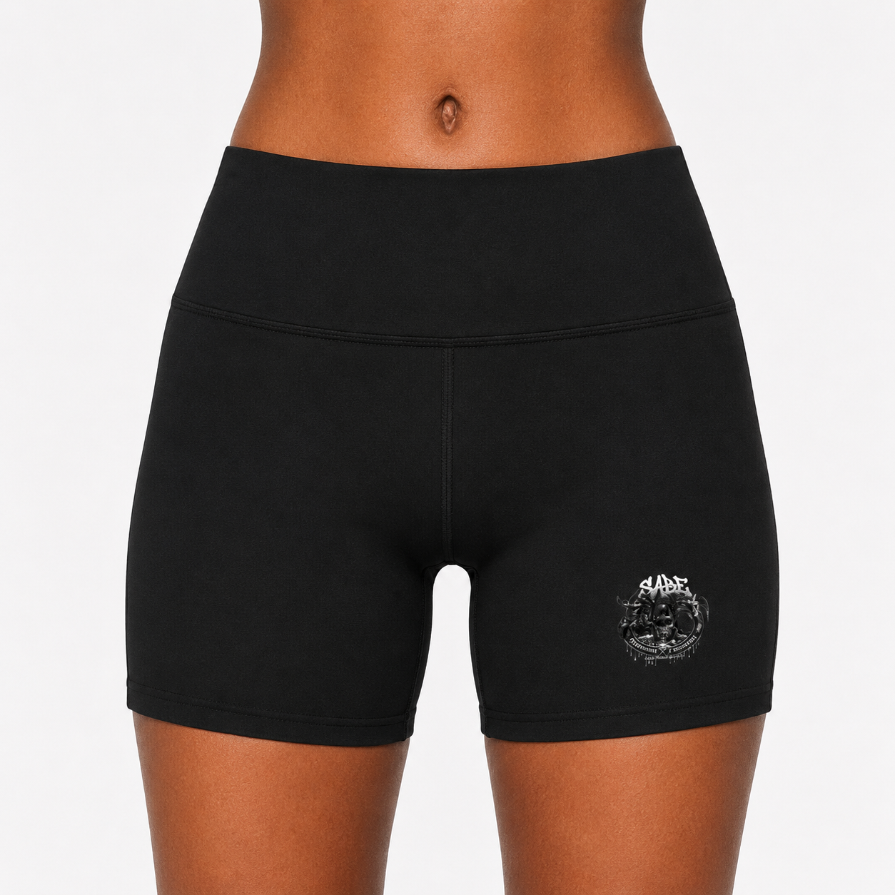 Black athletic shorts with a logo on a white background