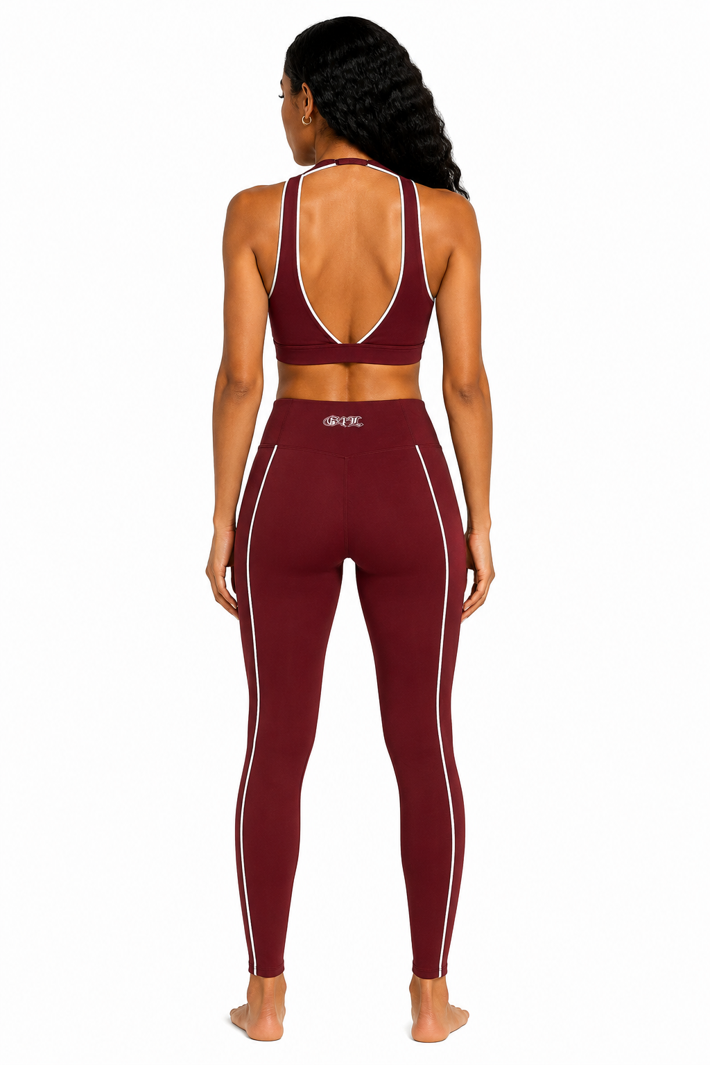 Maroon athletic outfit with white stripes on a white background