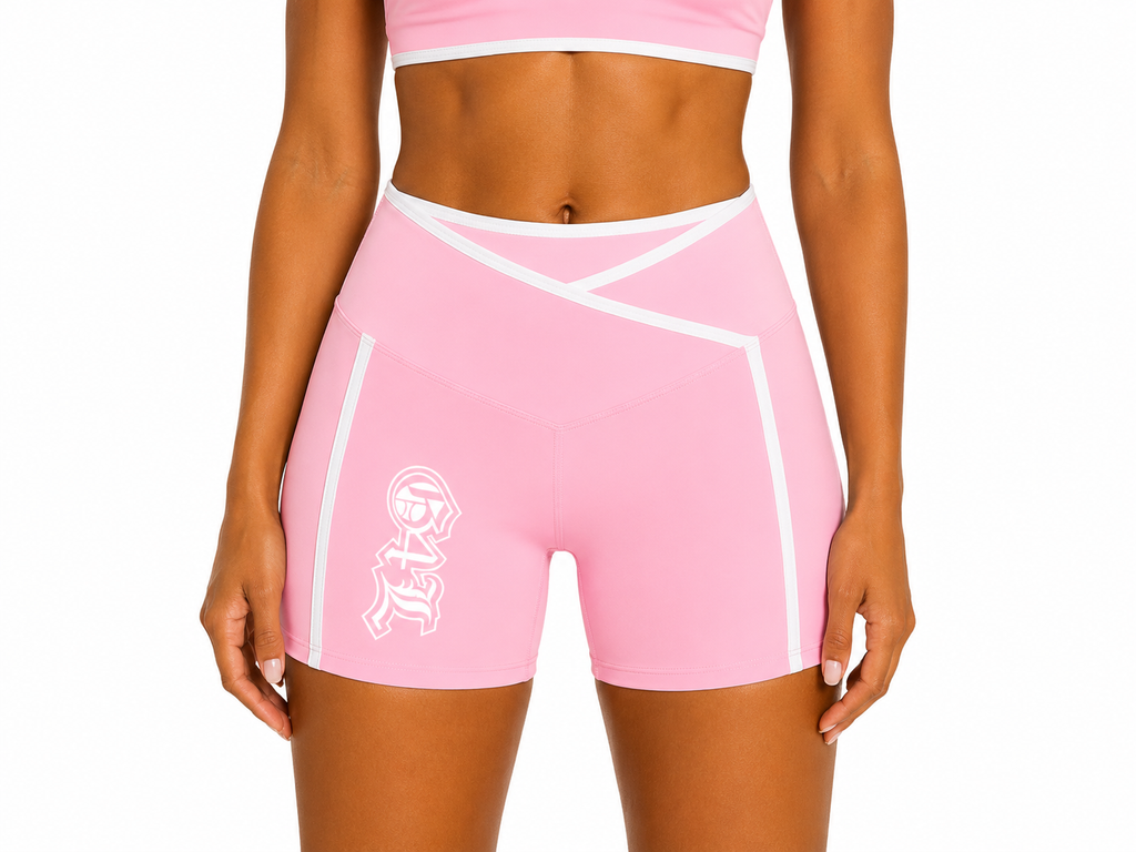 Pink athletic shorts with white accents on a white background