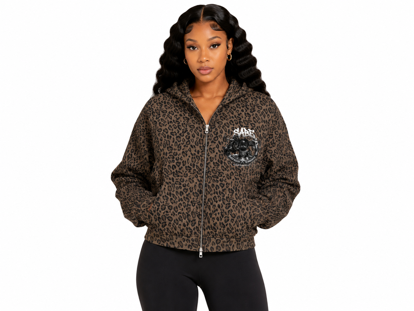 Woman wearing a leopard print hoodie with a logo on a white background