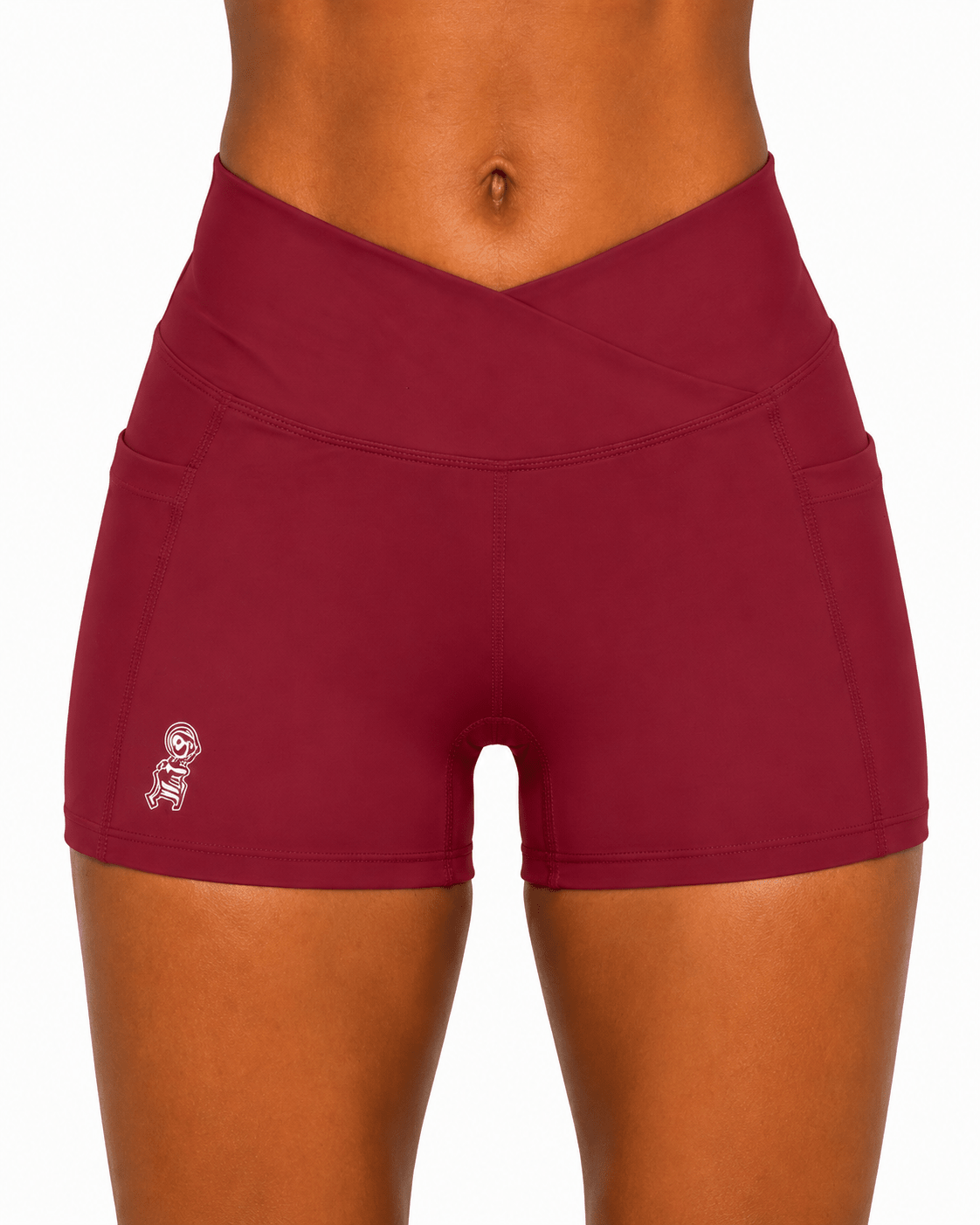 Maroon athletic shorts with a small logo on a white background