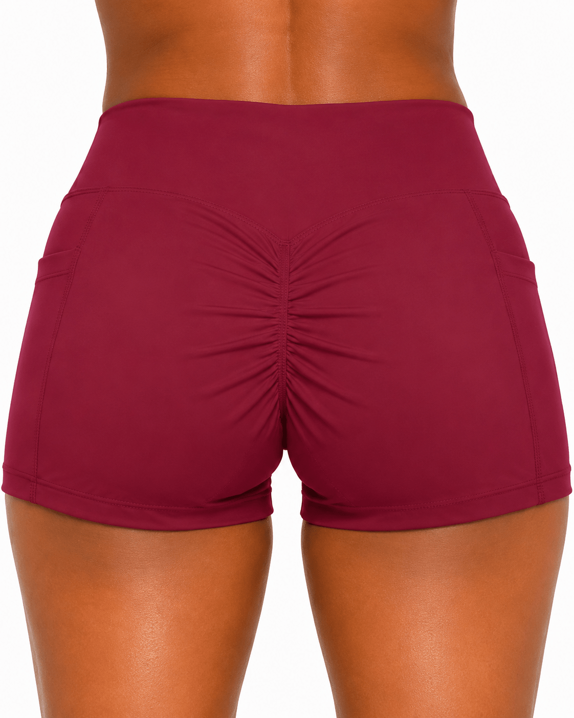 Maroon athletic shorts on a white background