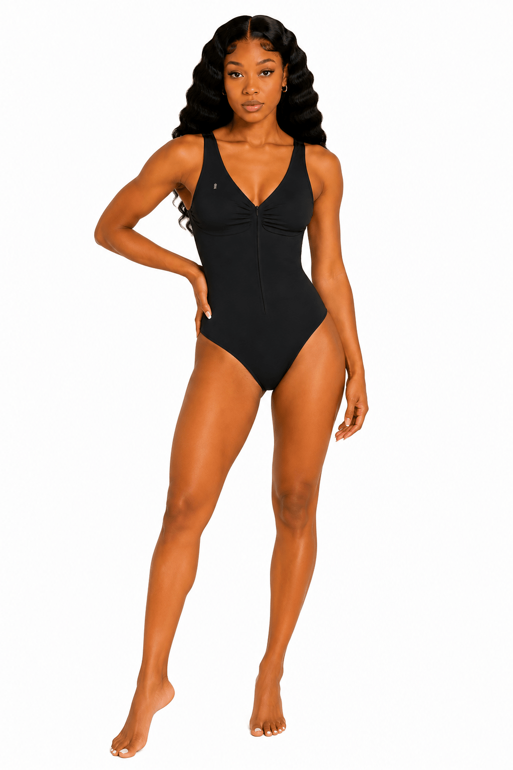 Woman wearing a black swimsuit on a white background