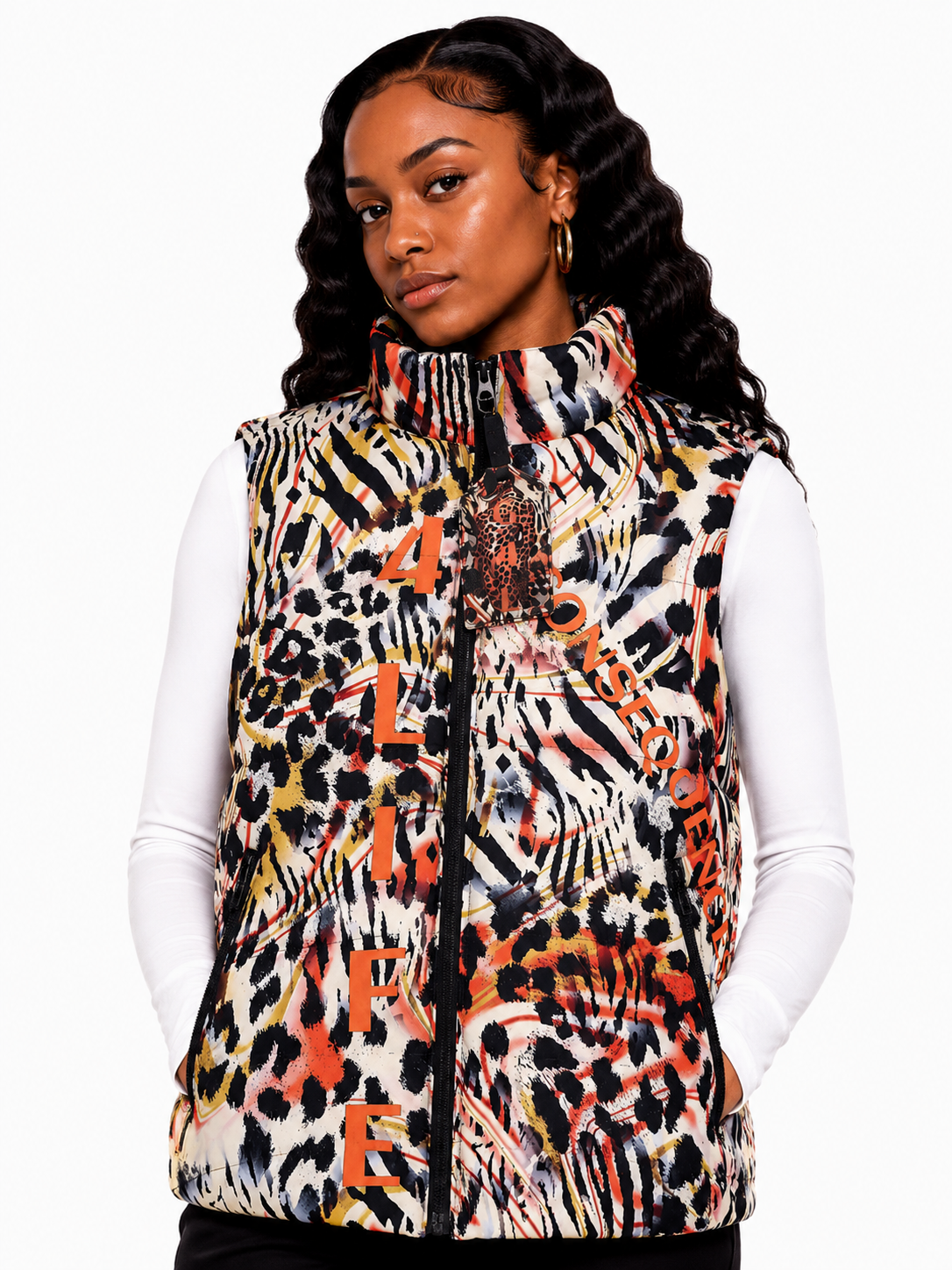 Woman wearing a multicolored patterned vest on a white background