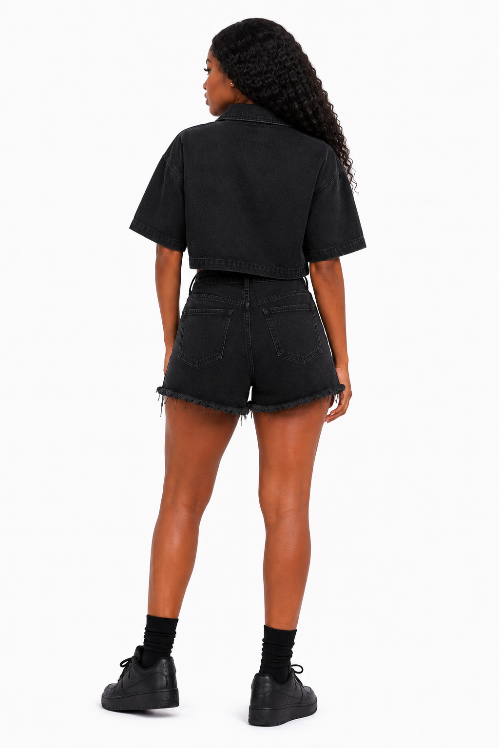 Black Vintage Wash High Rise Denim Shorts