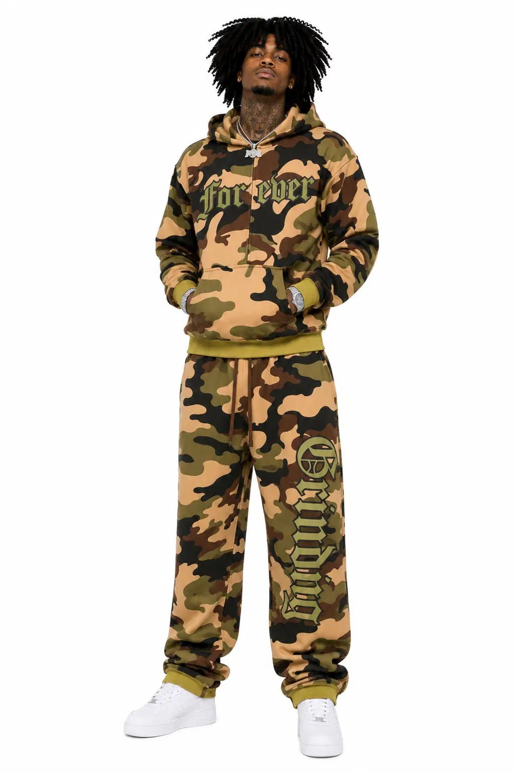 Person wearing a camouflage hoodie and pants with 'Forever' text on a white background