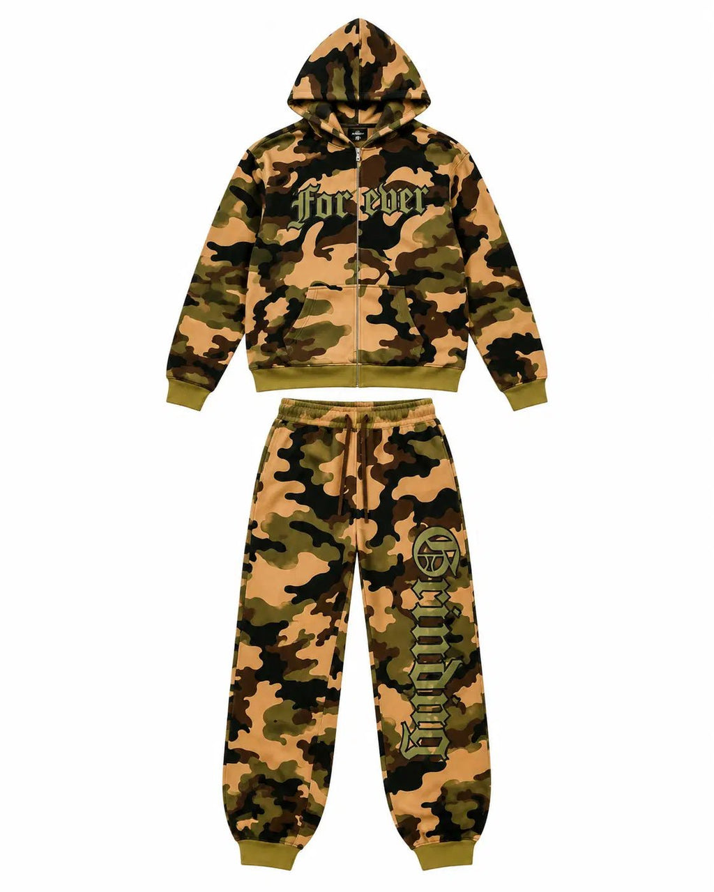Camouflage hoodie and pants set with 'Forever' text on a white background