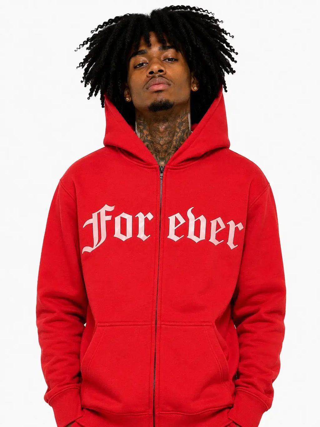 Person wearing a red hoodie with 'Forever' text on a white background