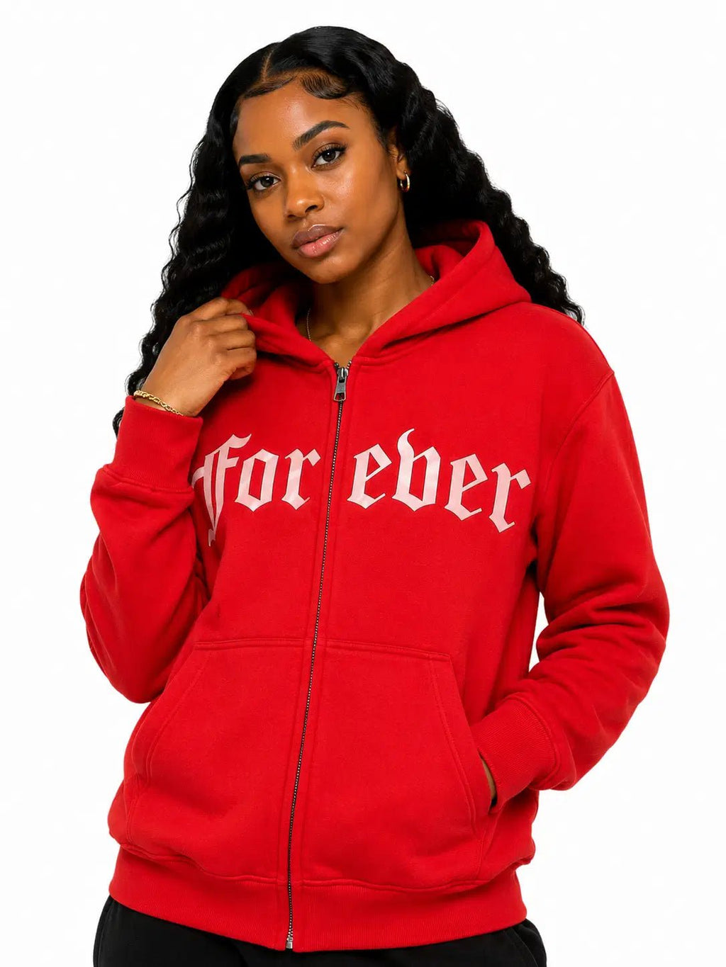 Person wearing a red hoodie with 'forever' text on a white background