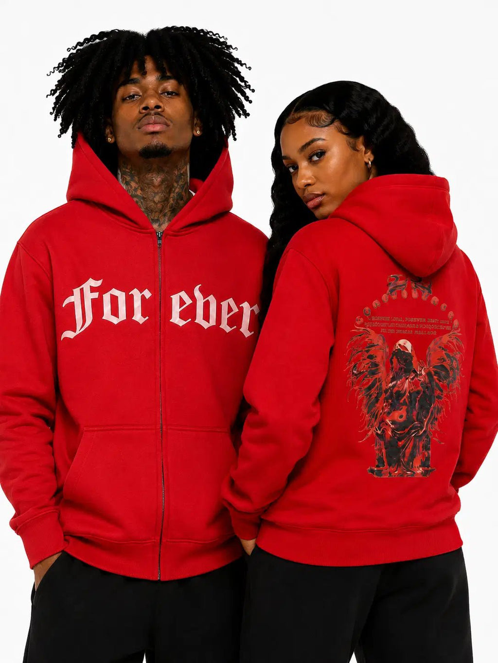 Two people wearing red hoodies with text and graphics on a white background
