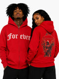 Two people wearing red hoodies with text and graphics on a white background