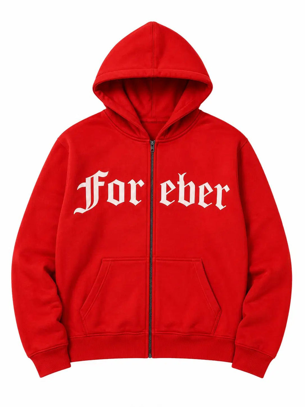 Red hoodie with 'For eber' text on a white background