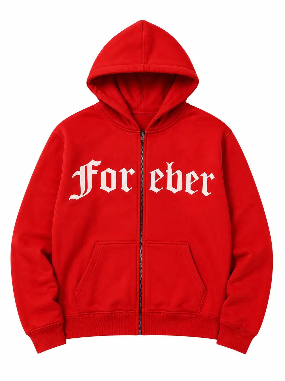 Red hoodie with 'For eber' text on a white background