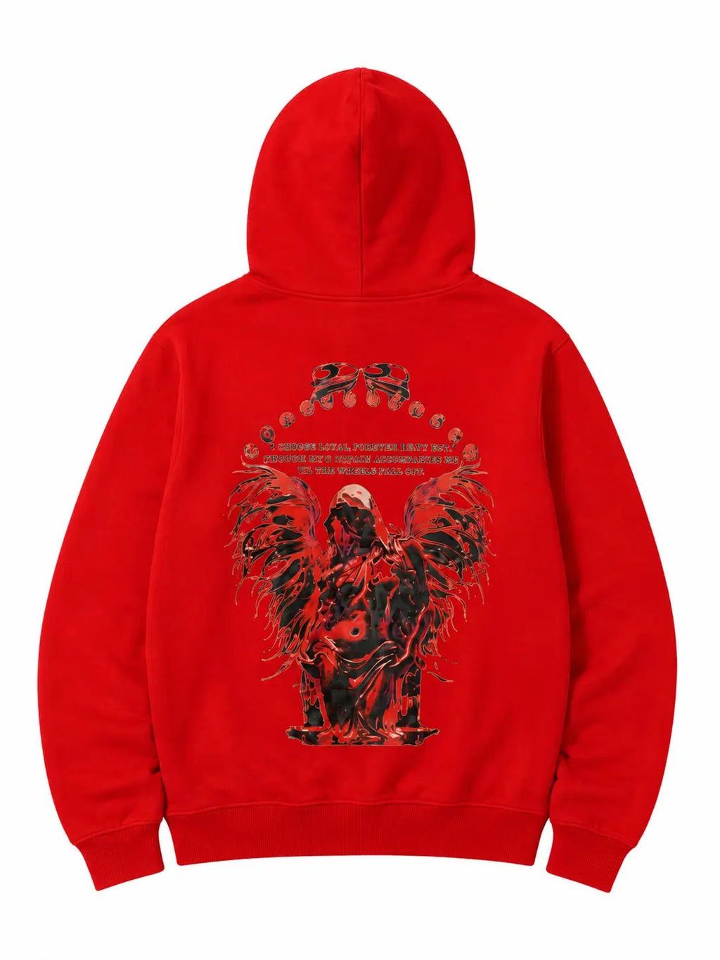 Red hoodie with a graphic design on the back against a white background