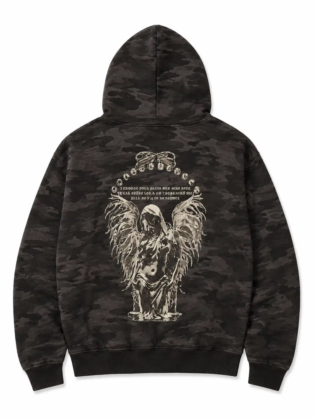 Black camouflage hoodie with a graphic design on the back against a white background
