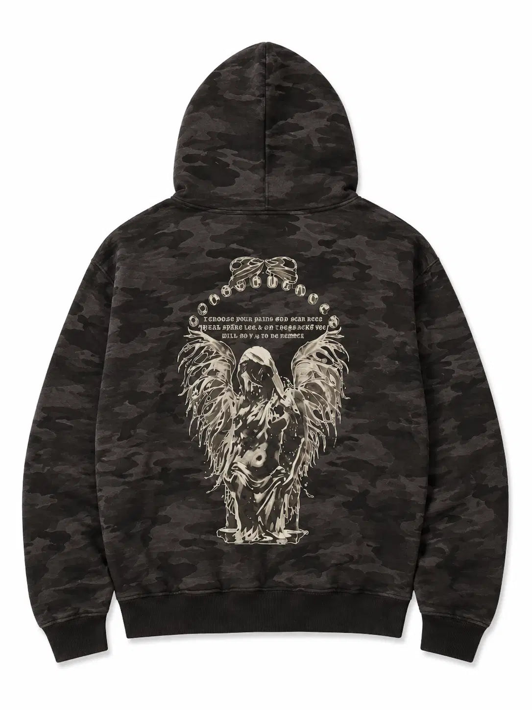 Black camouflage hoodie with a graphic design on the back against a white background