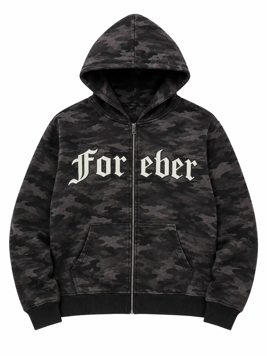 Camouflage hoodie with 'For eber' text on a white background