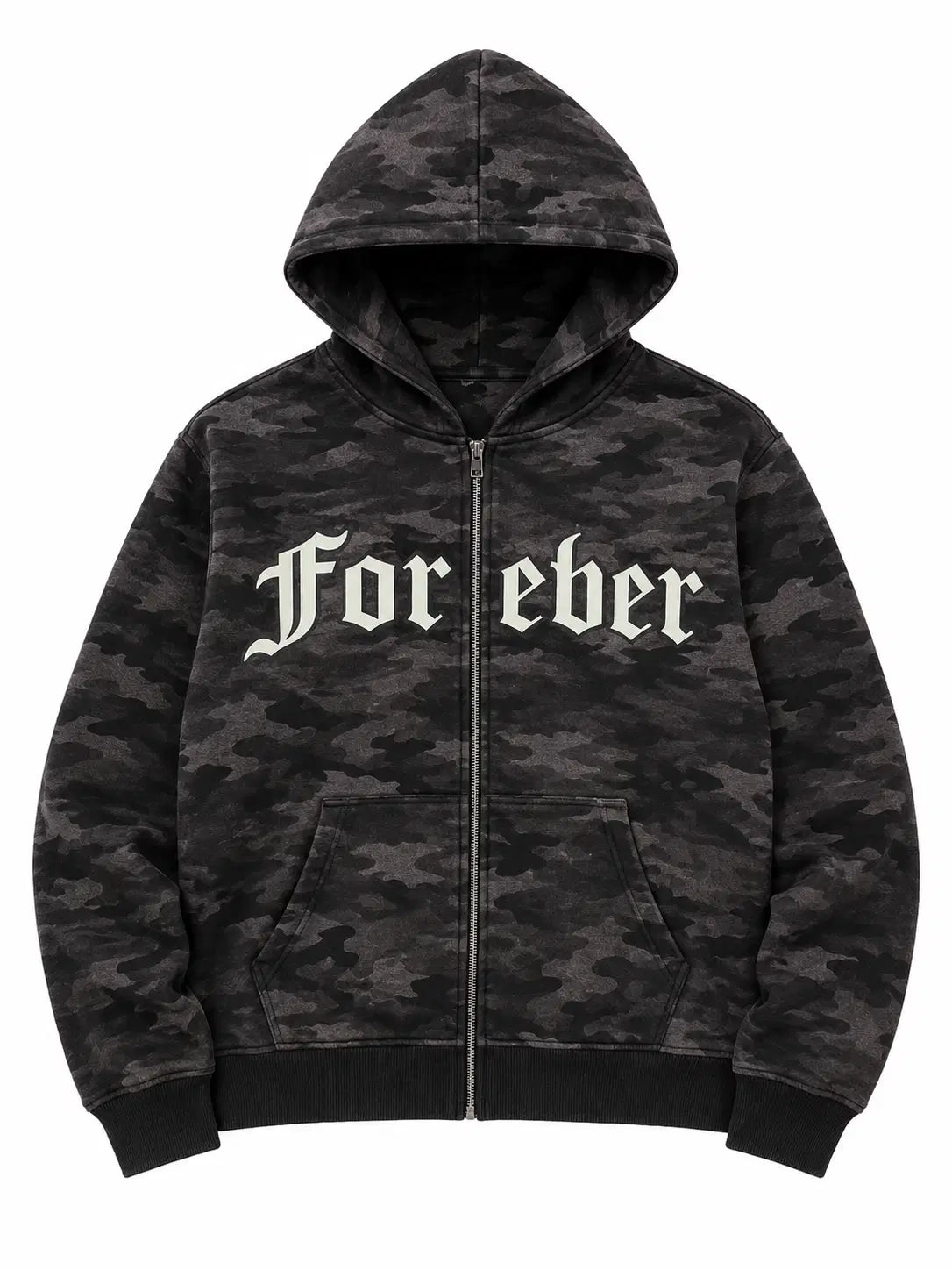 Camouflage hoodie with 'For eber' text on a white background