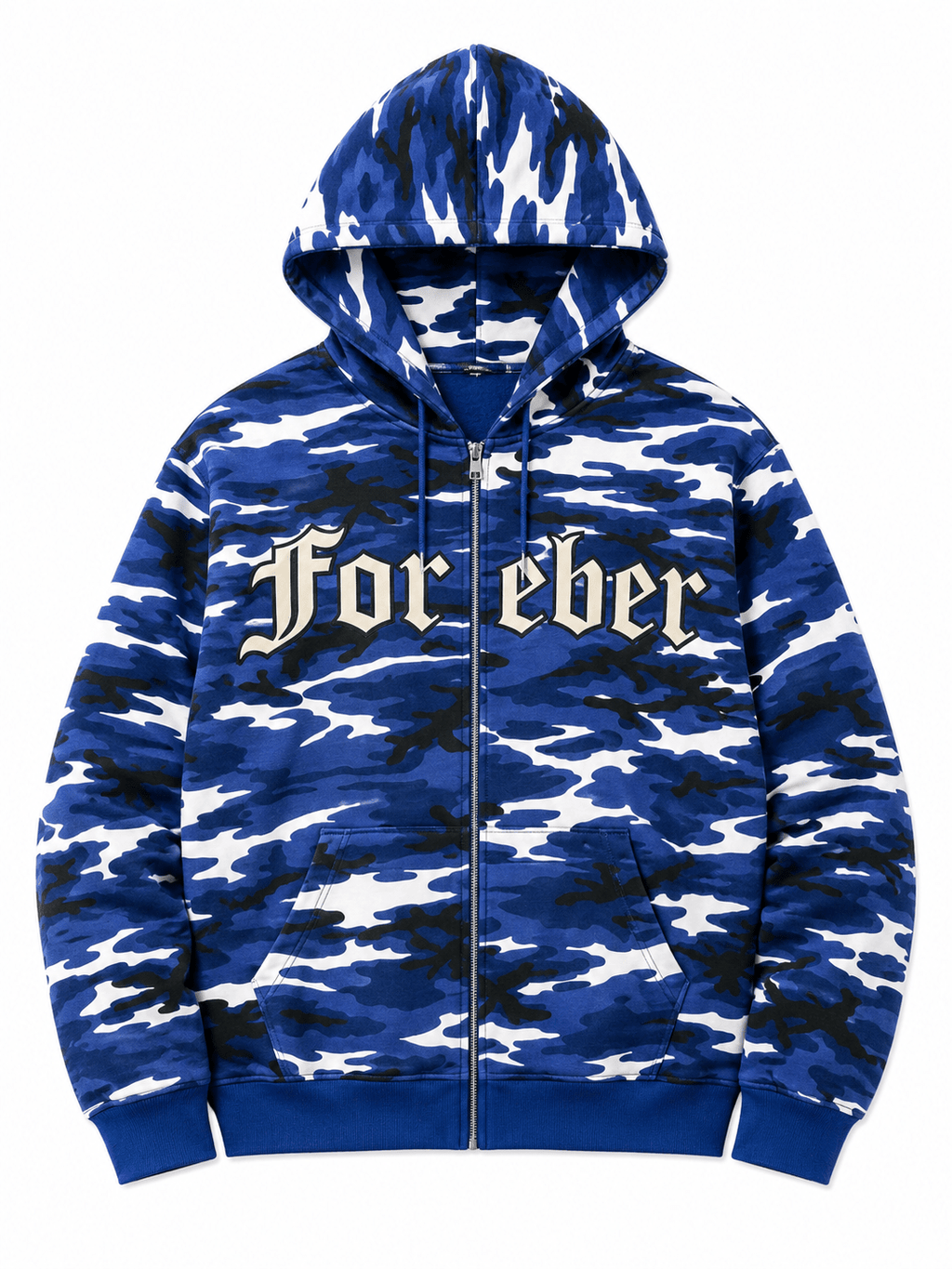 Blue camouflage hoodie with 'Forever' text on a white background