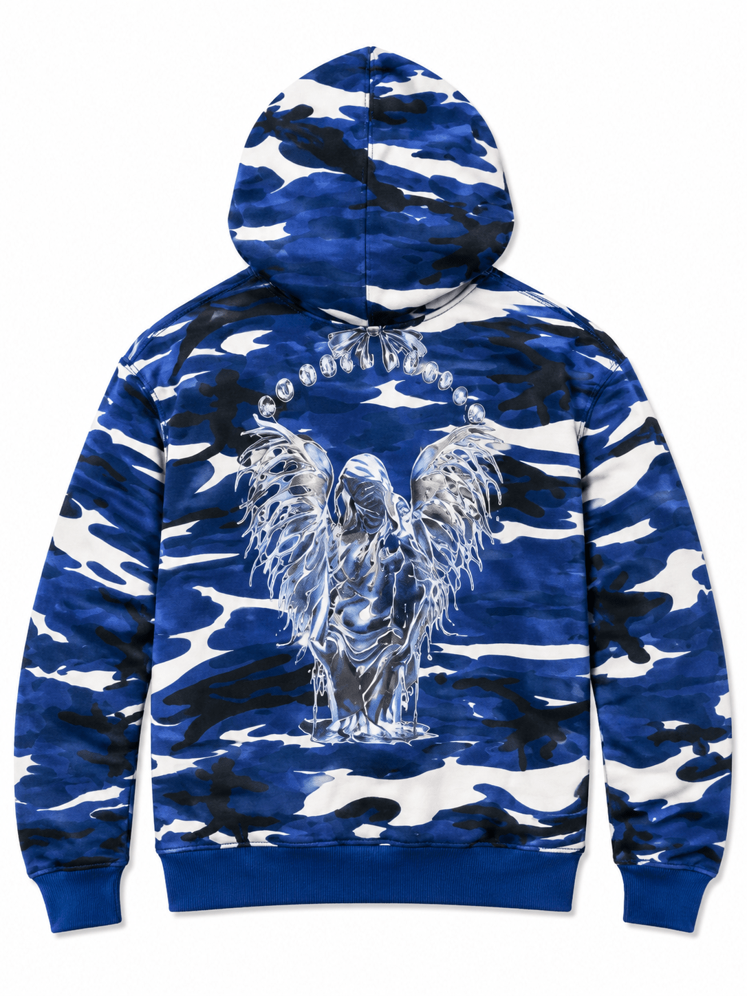 Blue and white camouflage hoodie with a silver eagle design on a white background