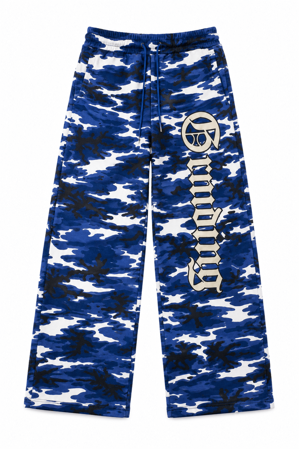 Blue camouflage pants with a logo on a white background