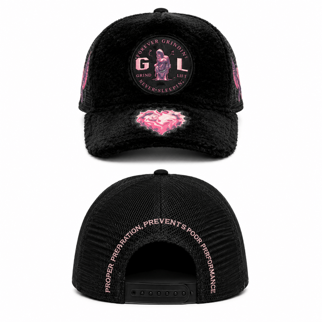 Black cap with pink and white designs and text on a white background