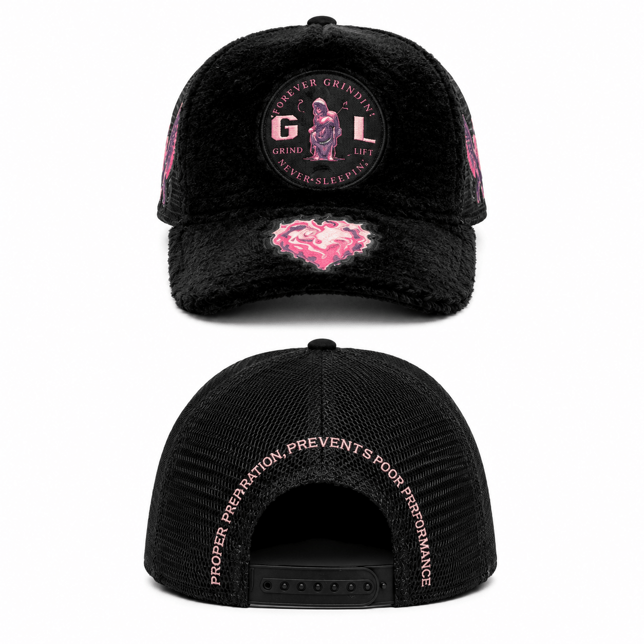 Black cap with pink and white designs and text on a white background
