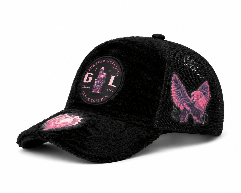black faux fur hat with purple logos
