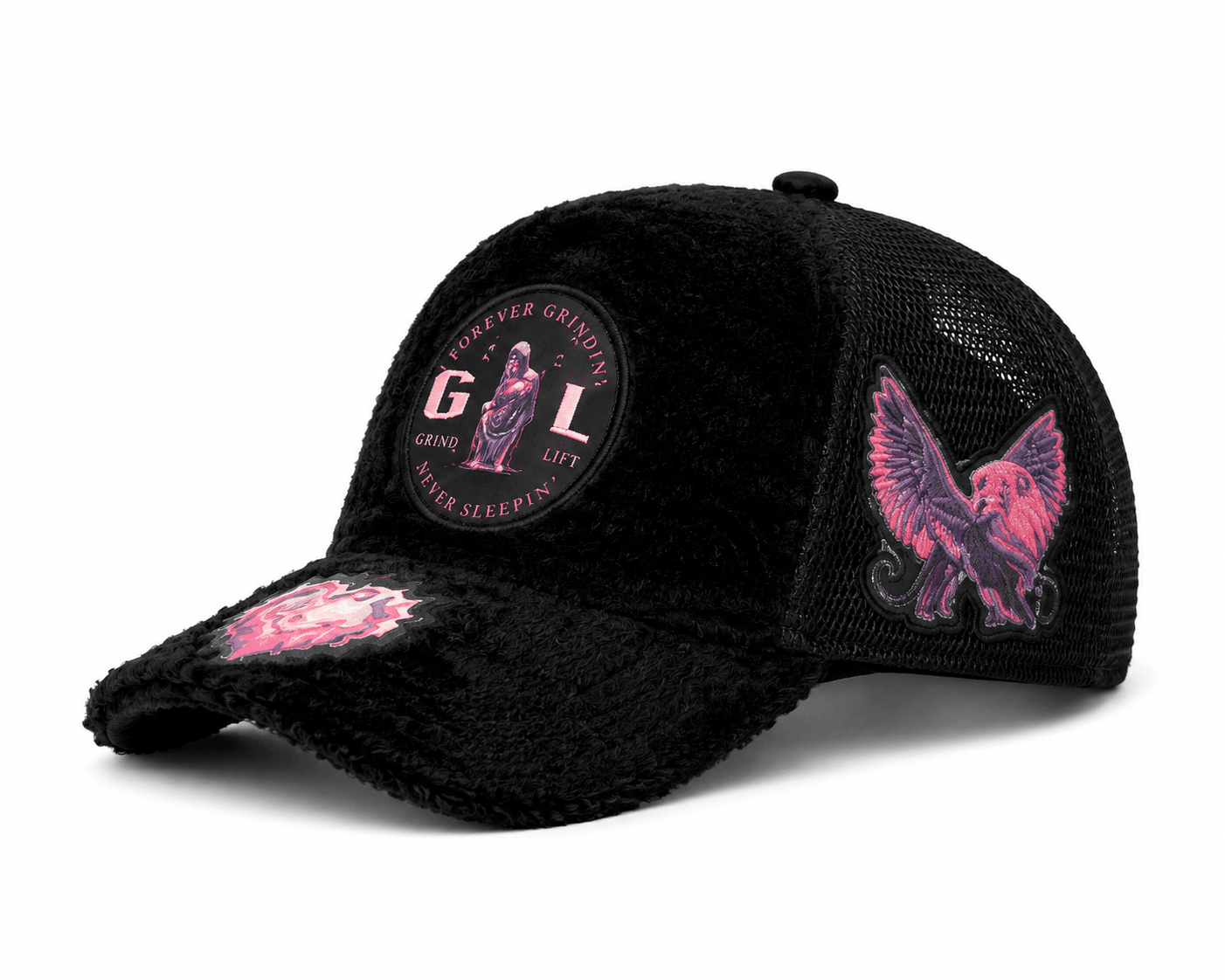 black faux fur hat with purple logos