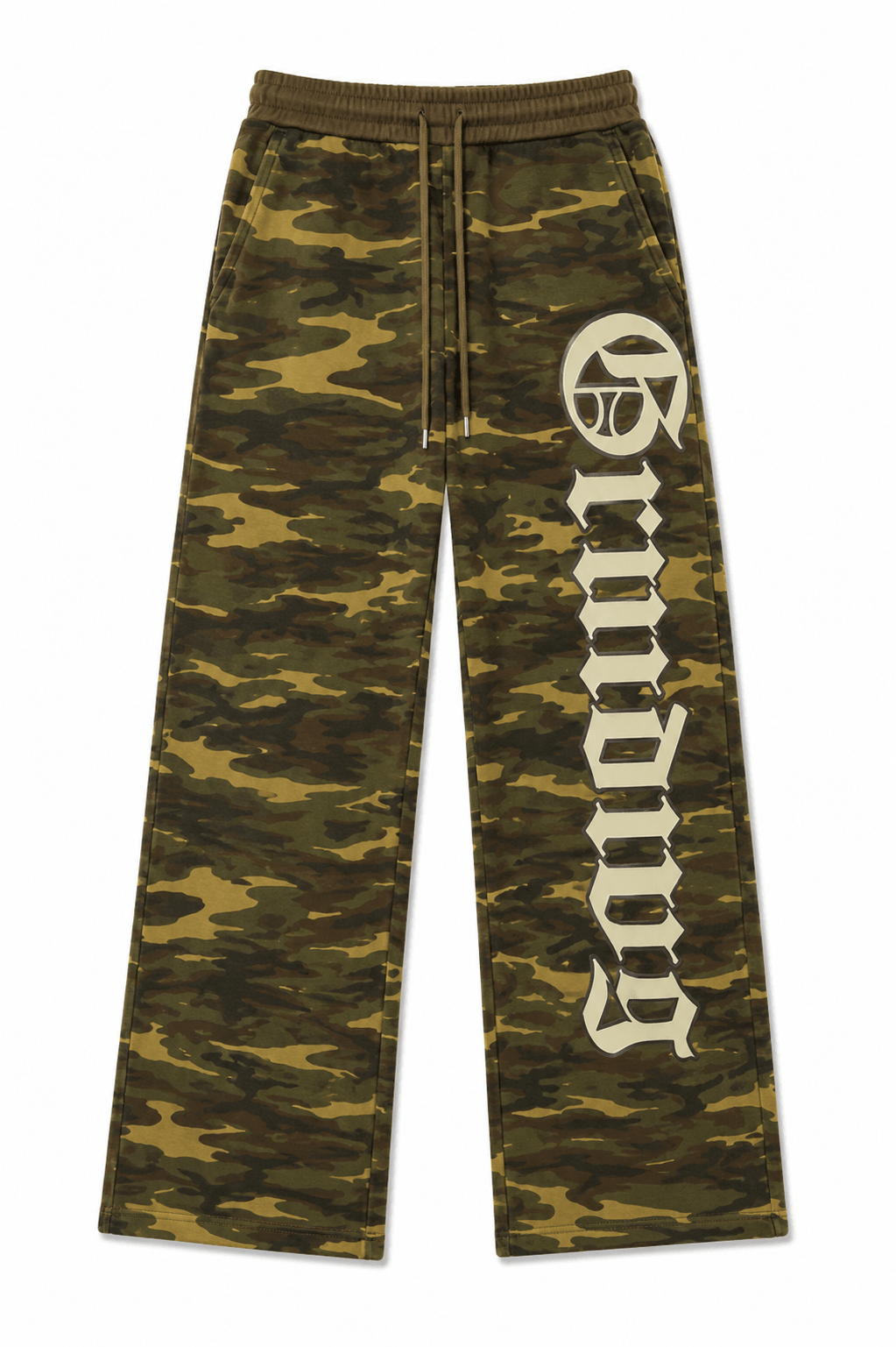 Camouflage pants with a brand logo on a white background