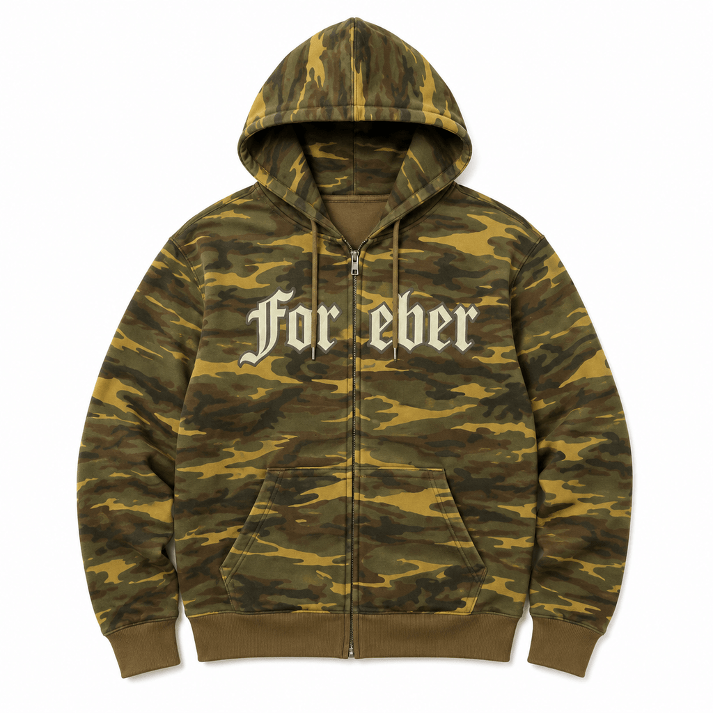 Camouflage hoodie with 'Forever' text on a white background