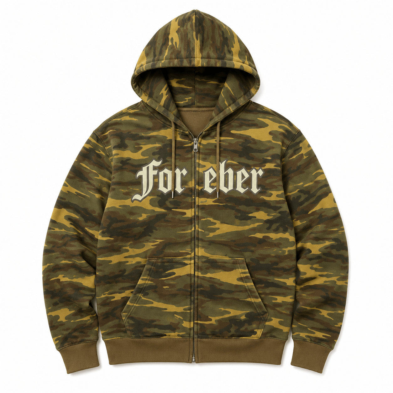 Camouflage hoodie with 'Forever' text on a white background