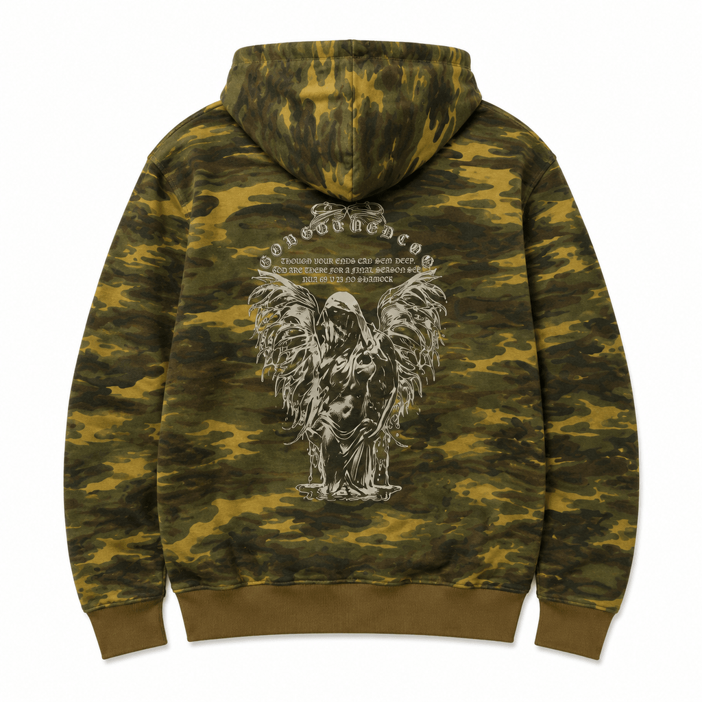 Camouflage hoodie with graphic design on the back on a white background